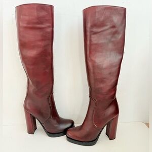 Prada Burgundy Red polished leather platform knee high tall block heel boots 38